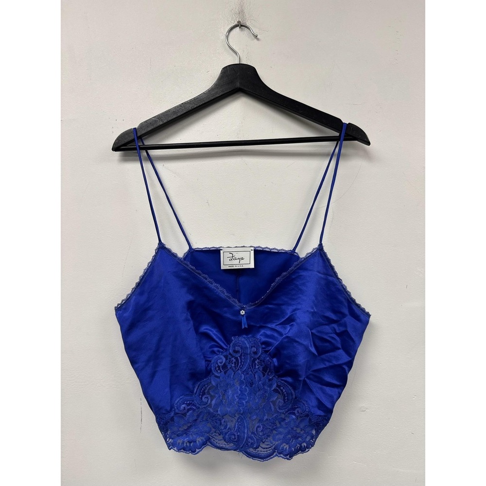 VTG Faye Satin Lace Camisole Womens Medium‎ Blue Crop Lingerie Cami Made USA Y2K